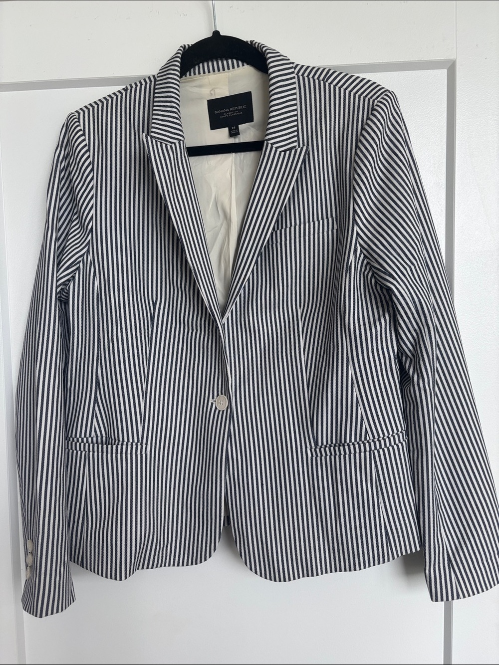 Banana Republic Navy & White Striped Blazer with Red Contrast Collar